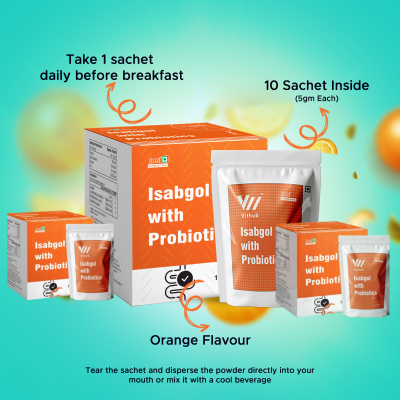 Probiotic Isabgol For Gut Health and Smooth Digestion | 30 Sachets | With Psyllium Husk, Prebiotics and 2 Billion CFU Probiotics | Orange Flavour | Non-Habit Forming | One Sachet A Day